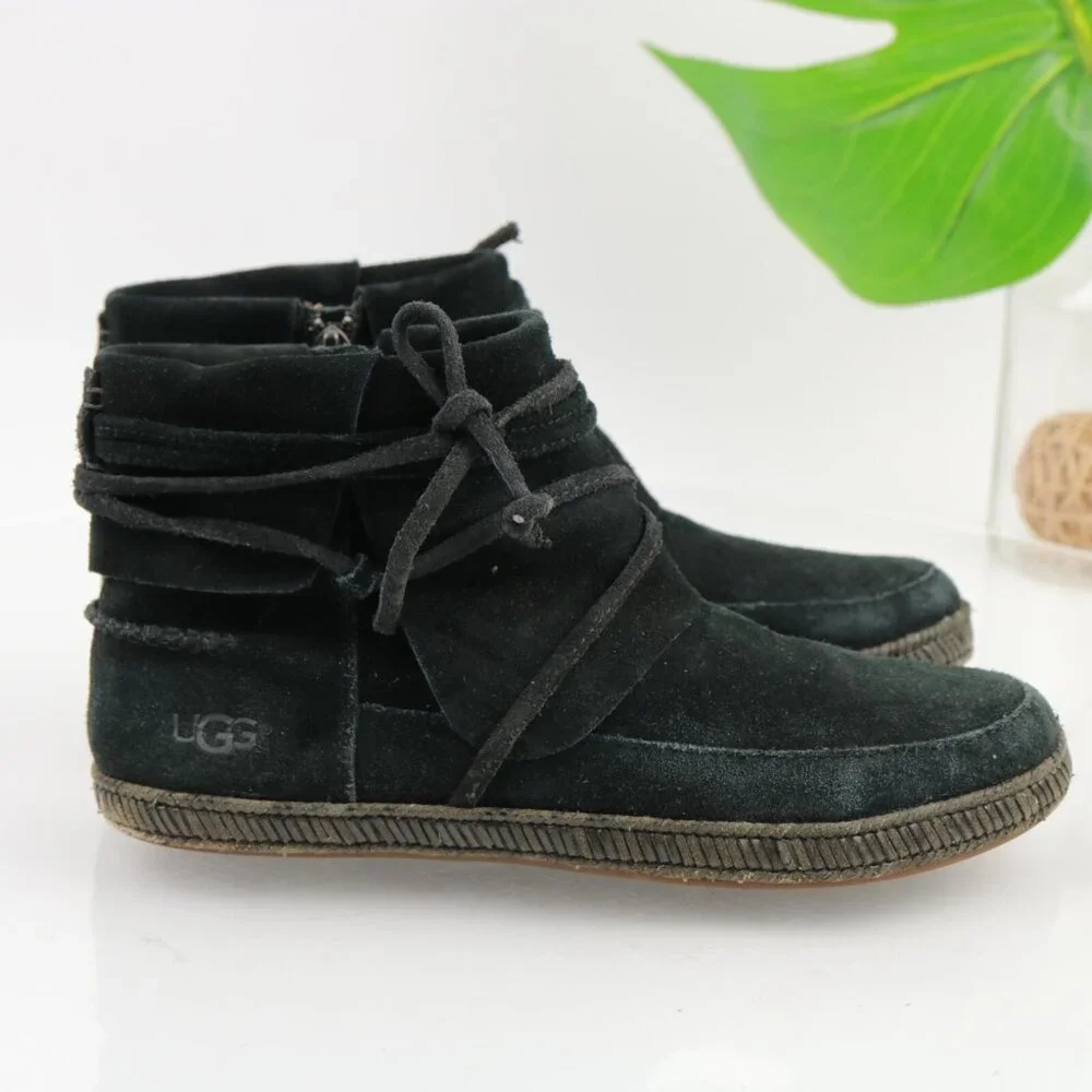 UGG Womens Reid Boot Size 6 Black Suede Tie Wrap Cushioned Moc Casual Booties‎